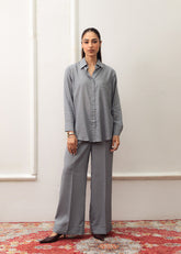 LaRosa Summer Dreams Hadley grey cotton nightwear set for women, featuring a relaxed co-ord with button-down shirt and straight flared pants/trouser.
Front View